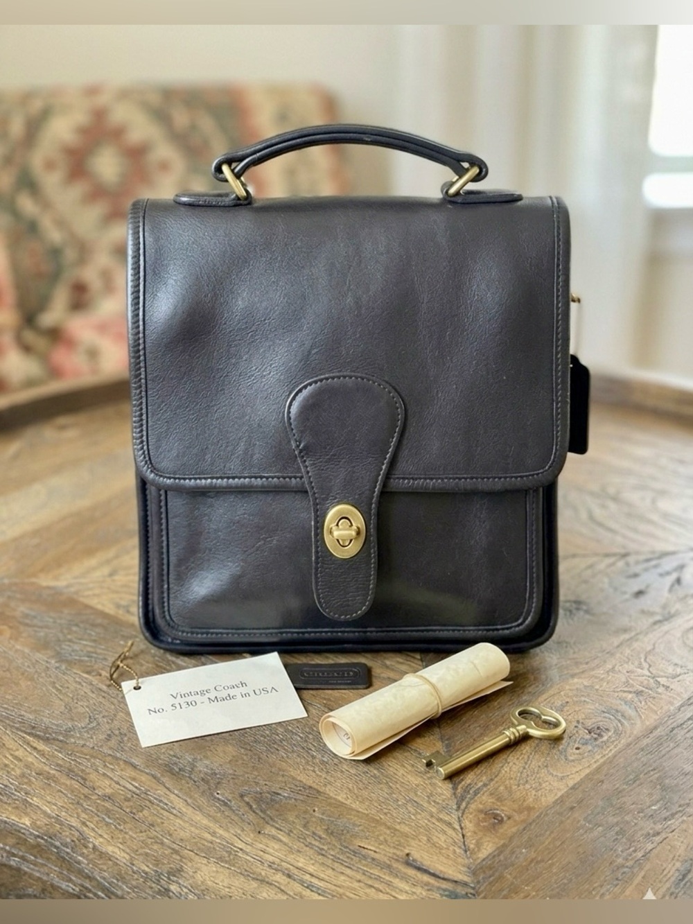 Vintage COACH Station Bag 5130 - Black Leather Top Handle Handbag - Made in USA